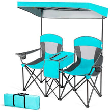 Load image into Gallery viewer, Turquoise Blue 2-Piece Folding Canopy Chair with Cup Holder and Storage Pocket