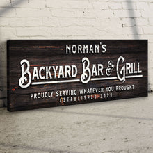 Load image into Gallery viewer, Custom Backyard Bar and Grill Sign: Custom Bar Signs for Home Bar – Perfect for Outdoor Man Cave Decor