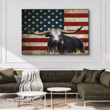 Load image into Gallery viewer, Longhorn Cattle American Flag Canvas Wall Art