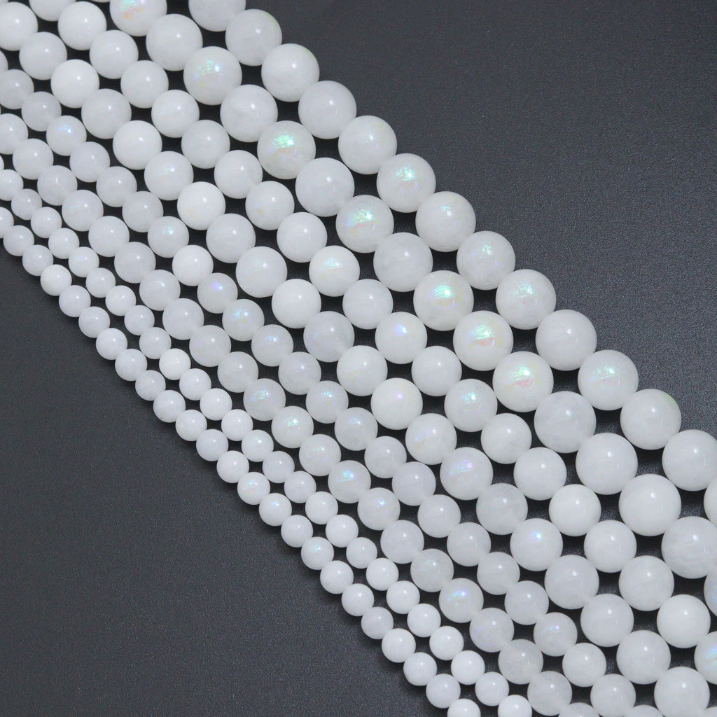 Mystic White Jade Beads, White Iridescent Round Jade Beads, 16inch full strand, sku#U2392