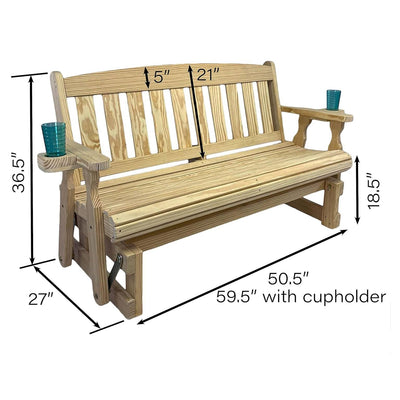 4ft Heavy Duty Unfinished Wood Porch Glider Bench with Cupholders - Made in USA