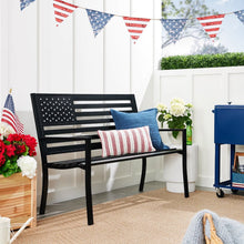 Load image into Gallery viewer, 2 Person Patriotic USA Black Metal Bench with American Flag Backrest