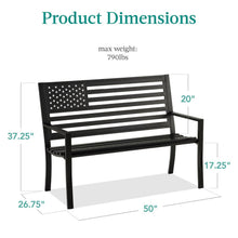 Load image into Gallery viewer, 2 Person Patriotic USA Black Metal Bench with American Flag Backrest