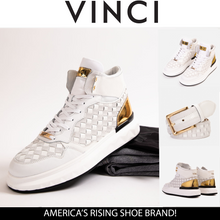 Load image into Gallery viewer, The Eugene White &amp; Gold Woven Leather High-Top Men Sneaker