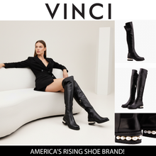 Load image into Gallery viewer, The Valeria Pearl Heel Knee-High Women Black Leather Boot