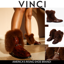 Load image into Gallery viewer, The Izmir Brown Patent Leather Natural Fur Mid Calf Women Boot