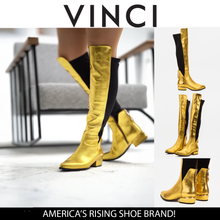 Load image into Gallery viewer, The Fairoks Gold Leather Pointy Toe Knee High Women Boot