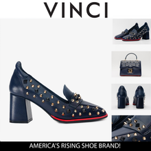 Load image into Gallery viewer, The Infanta Navy Blue Spike Leather Block Heel Pump Women Shoe