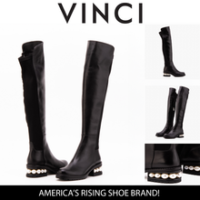 Load image into Gallery viewer, The Valeria Pearl Heel Knee-High Women Black Leather Boot