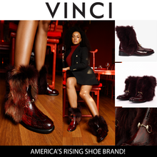 Load image into Gallery viewer, The Izmir Burgundy Patent Leather Natural Fur Mid Calf Women Boot