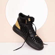 Load image into Gallery viewer, The Eugene Black &amp; Gold Woven Leather High-Top Men Sneaker