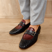 Load image into Gallery viewer, The Vatra Black &amp; Burgundy Woven Double Monk Strap Men Shoe