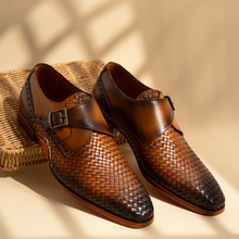 Load image into Gallery viewer, The Rolls  Woven Tan Leather Single Monk Strap  Handmade Men Shoe
