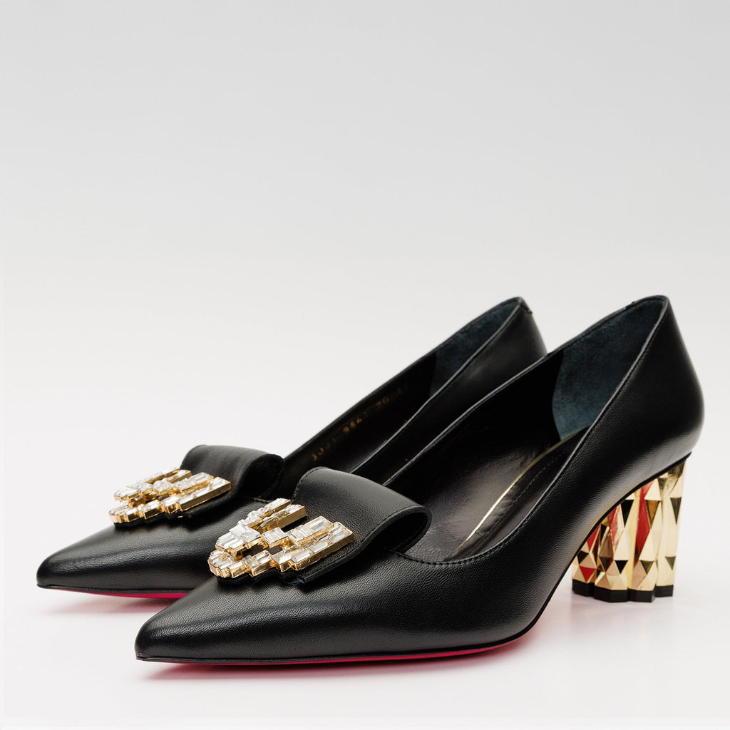 The Love Black Leather Block Heel Pump Women Shoe