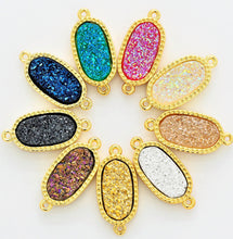Load image into Gallery viewer, Mystic Druzy Drusy Oval Connector Beads, Bezel Druzy Charm, Gold/Silver finish,Gold/Black/White Opal/ Cobalt Blue,9x20mm,SKU#V26