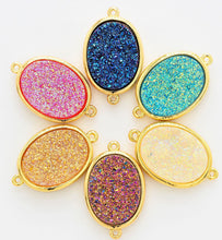 Load image into Gallery viewer, Mystic Drusy Oval Connector, Large Bezel Druzy Connector Charm, Gold/Silver Finish, Turquoise/Pink/Gold/Blue, 13x22mm,SKU#V28