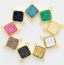 Load image into Gallery viewer, Mystic Drusy Diamond Shape Bezel Connector Beads, Bezel Druzy Charm, Gold/Silver finish,Pink/Black/Silver/White/Blue, 12x16mm,SKU#V30