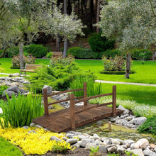 Load image into Gallery viewer, Outdoor 4-ft Wooden Garden Bridge in Rustic Brown Wood Finish