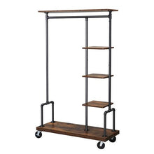 Load image into Gallery viewer, Industrial Metal Pipe Garment Rack with Wood Storage Shelves on Wheels