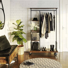 Load image into Gallery viewer, Industrial Metal Pipe Garment Rack with Wood Storage Shelves on Wheels