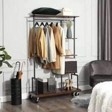 Load image into Gallery viewer, Industrial Metal Pipe Garment Rack with Wood Storage Shelves on Wheels