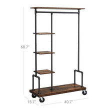 Load image into Gallery viewer, Industrial Metal Pipe Garment Rack with Wood Storage Shelves on Wheels