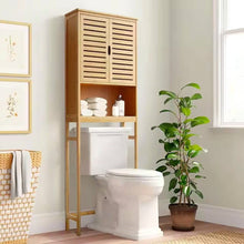 Load image into Gallery viewer, Over the Toilet Bathroom Storage Cabinet Shelf in Light Brown Yellow Wood Finish
