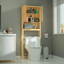 Load image into Gallery viewer, Over the Toilet Bathroom Storage Cabinet Shelf in Light Brown Yellow Wood Finish