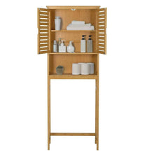 Load image into Gallery viewer, Over the Toilet Bathroom Storage Cabinet Shelf in Light Brown Yellow Wood Finish