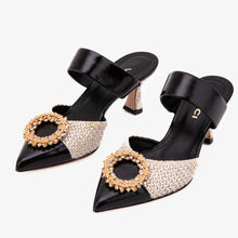 Load image into Gallery viewer, The Valencia Black &amp; Cream Jewel Heel Women's Mule Sandal