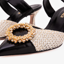 Load image into Gallery viewer, The Valencia Black &amp; Cream Jewel Heel Women's Mule Sandal