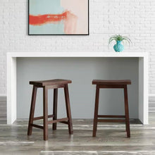Load image into Gallery viewer, Set of 2 Farmhouse Counter Height Saddle Bar Stools in Brown Walnut Wood Finish