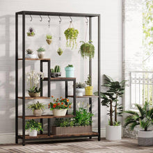 Load image into Gallery viewer, Modern Industrial Heavy Duty Metal Wood Plant Stand with 10 Hanging Hooks