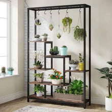 Load image into Gallery viewer, Modern Industrial Heavy Duty Metal Wood Plant Stand with 10 Hanging Hooks