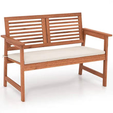Load image into Gallery viewer, Solid Wood Outdoor Patio Garden Bench w/ Slatted Back Armrests and Seat Cushion