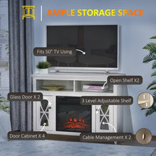 Load image into Gallery viewer, Rustic White Electric Fireplace Mantel TV Stand w/ Adjustable Shelves 2 Storage Cabinets