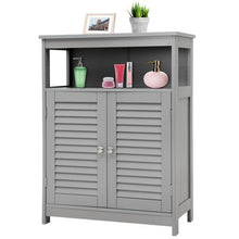 Load image into Gallery viewer, Grey Farmhouse Bathroom Linen Cabinet with Louvered Doors and Open Shelf