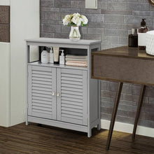 Load image into Gallery viewer, Grey Farmhouse Bathroom Linen Cabinet with Louvered Doors and Open Shelf
