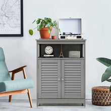 Load image into Gallery viewer, Grey Farmhouse Bathroom Linen Cabinet with Louvered Doors and Open Shelf