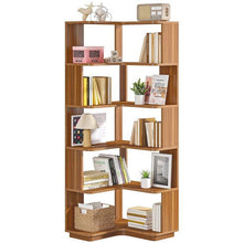 Load image into Gallery viewer, Multifunctional 6 Shelf Corner L-Shaped Bookcase in Brown Wood Finish