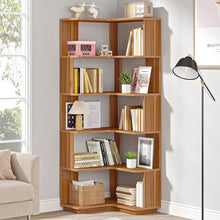 Load image into Gallery viewer, Multifunctional 6 Shelf Corner L-Shaped Bookcase in Brown Wood Finish
