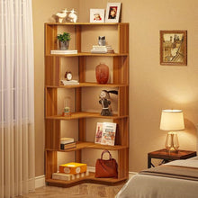 Load image into Gallery viewer, Multifunctional 6 Shelf Corner L-Shaped Bookcase in Brown Wood Finish
