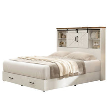 Load image into Gallery viewer, Queen White Farmhouse Platform Bed with Bookcase Headboard and Storage Drawers