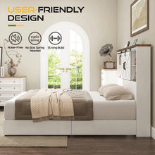 Load image into Gallery viewer, Queen White Farmhouse Platform Bed with Bookcase Headboard and Storage Drawers