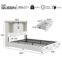 Load image into Gallery viewer, Queen White Farmhouse Platform Bed with Bookcase Headboard and Storage Drawers