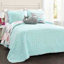 Load image into Gallery viewer, Full/Queen 5 Piece Microfiber Quilt Set in Teal Pink Aqua Waves Whale Pattern