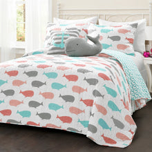 Load image into Gallery viewer, Full/Queen 5 Piece Microfiber Quilt Set in Teal Pink Aqua Waves Whale Pattern