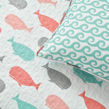 Load image into Gallery viewer, Full/Queen 5 Piece Microfiber Quilt Set in Teal Pink Aqua Waves Whale Pattern