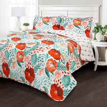 Load image into Gallery viewer, Full/Queen Red Poppy Flower White Teal Lightweight 3 Piece Cotton Quilt Set