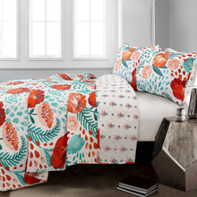 Load image into Gallery viewer, Full/Queen Red Poppy Flower White Teal Lightweight 3 Piece Cotton Quilt Set